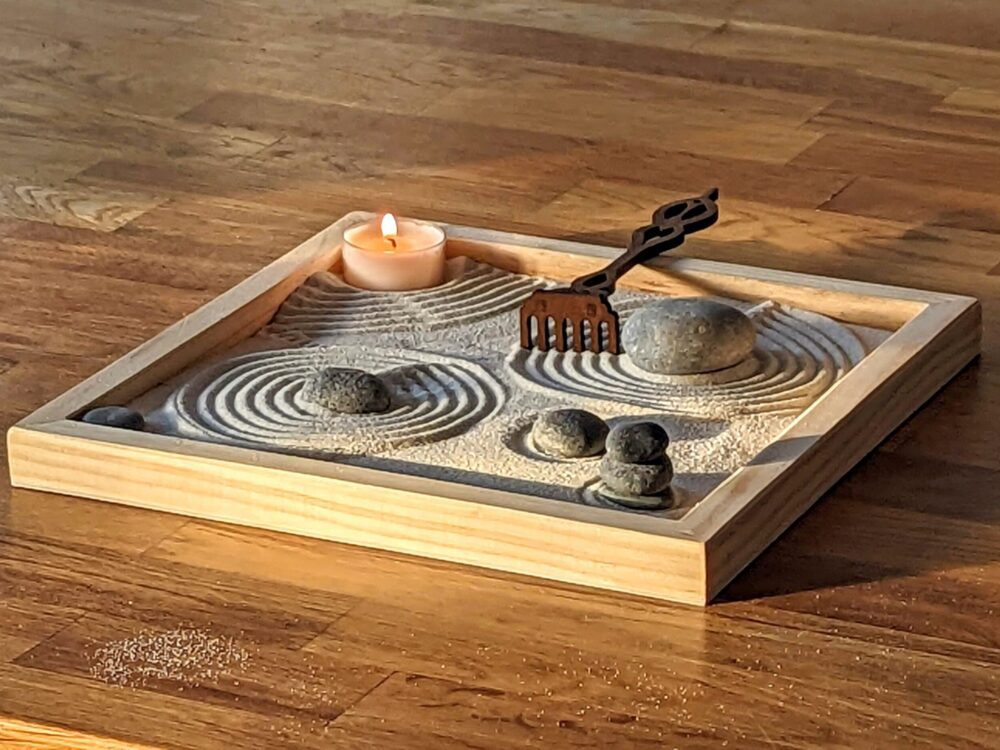 Zen-Garten-Set aus Massivholz mit Kerze – handgefertigt & nachhaltig