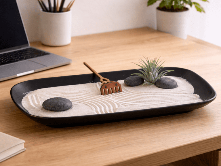 Tisch-Zen-Garten als kurze Denkpause am Schreibtisch im Homeoffice
