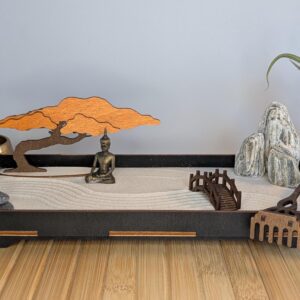 Design Zengarten Set -handmade- mit Bonsai, Brücke und Harke aus FSC-Holz, Entspannung & Meditation, prima Geschenk - Idee – Bild 3