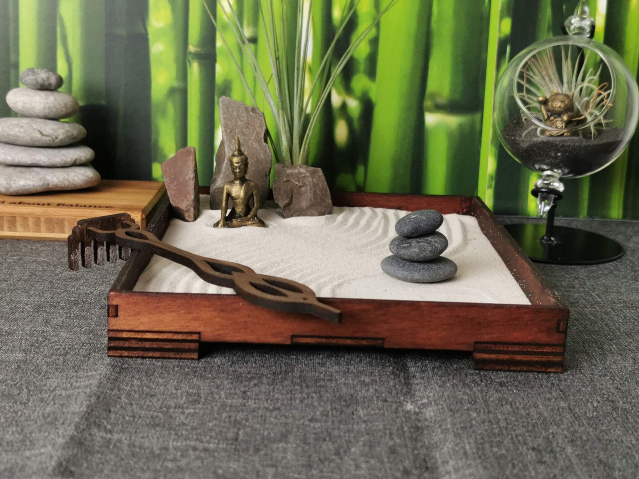 Handgefertigtes Zengarten -Set mit Buddha-/ Ganesha-Figur mit Harke Feng Shui Meditation – Bild 5