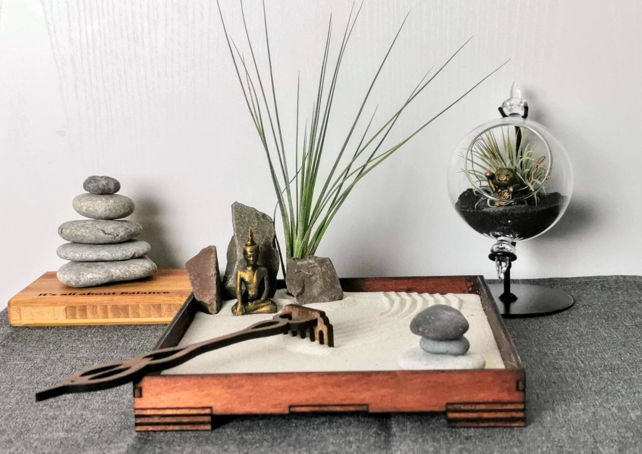 Handgefertigtes Zengarten -Set mit Buddha-/ Ganesha-Figur mit Harke Feng Shui Meditation – Bild 8