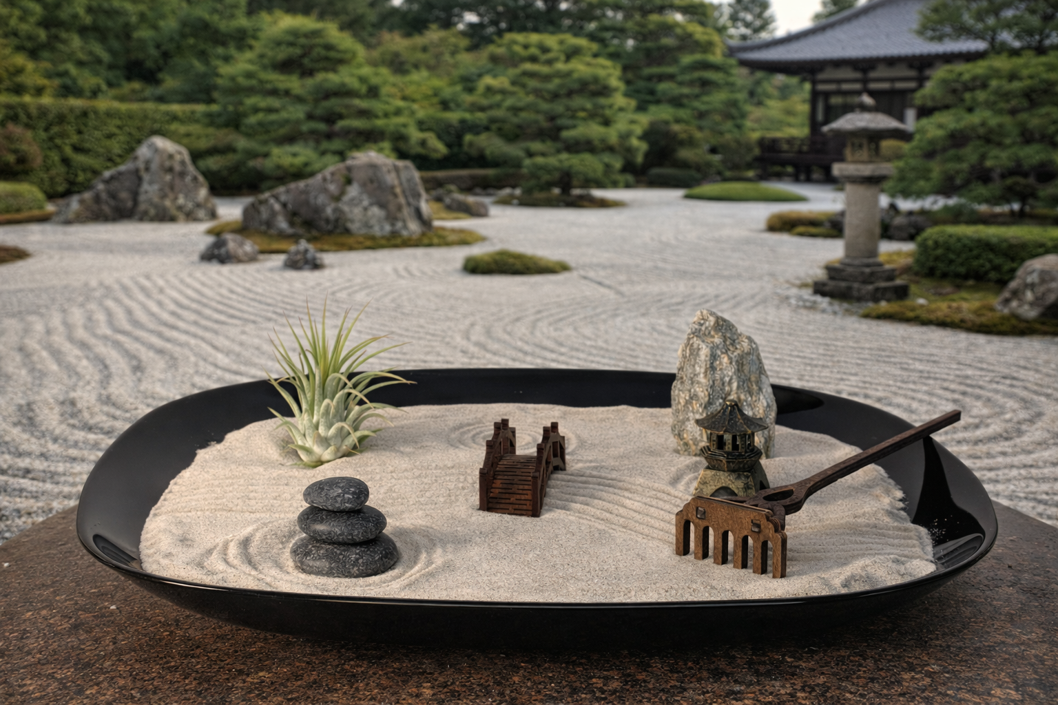 Miniatur-Zen-Garten in echtem Zengarten