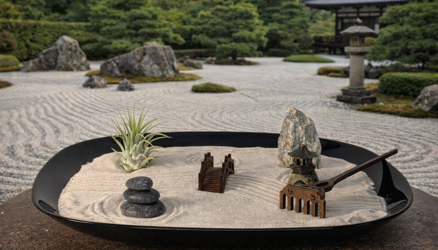 Miniatur-Zen-Garten in echtem Zengarten